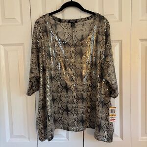 Style & Co top trapeze Python snake print, sequin elbow length sleeve size 3X